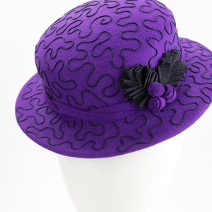 1940s Style Purple Tilt Hat. Violet Wool Perching Hat. Vintage Inspired Percher with Navy Soutache Design. Purple Wool Felt Ladies Millinery image 2