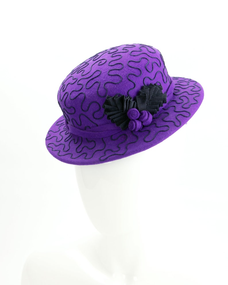 1940s Style Purple Tilt Hat. Violet Wool Perching Hat. Vintage Inspired Percher with Navy Soutache Design. Purple Wool Felt Ladies Millinery image 5