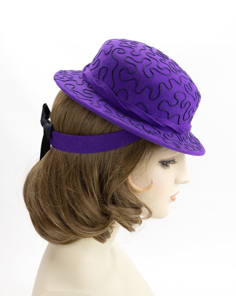 1940s Style Purple Tilt Hat. Violet Wool Perching Hat. Vintage Inspired Percher with Navy Soutache Design. Purple Wool Felt Ladies Millinery image 7