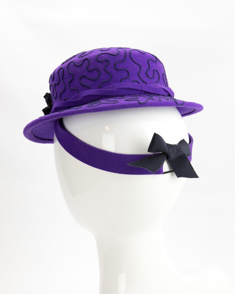 1940s Style Purple Tilt Hat. Violet Wool Perching Hat. Vintage Inspired Percher with Navy Soutache Design. Purple Wool Felt Ladies Millinery image 9