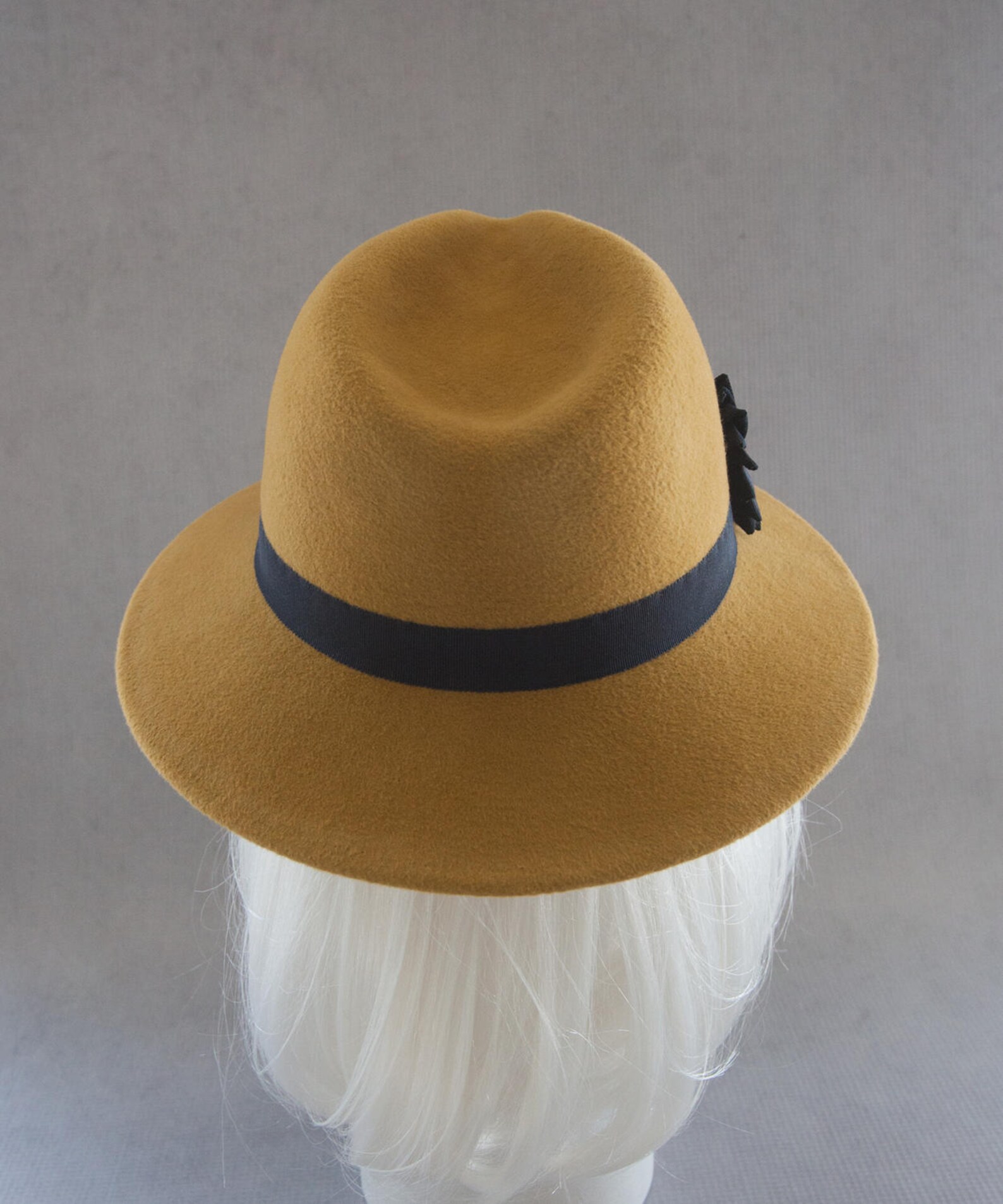 Mustard Yellow Fedora. Women's Hat W/ Navy Blue Ribbon Etsy
