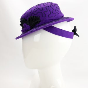 1940s Style Purple Tilt Hat. Violet Wool Perching Hat. Vintage Inspired Percher with Navy Soutache Design. Purple Wool Felt Ladies Millinery image 8