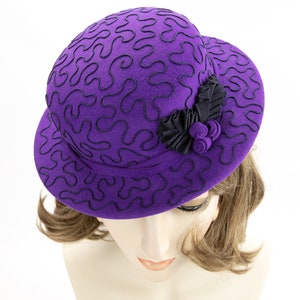 1940s Style Purple Tilt Hat. Violet Wool Perching Hat. Vintage Inspired Percher with Navy Soutache Design. Purple Wool Felt Ladies Millinery image 6