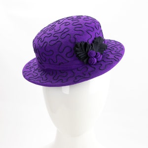 1940s Style Purple Tilt Hat. Violet Wool Perching Hat. Vintage Inspired Percher with Navy Soutache Design. Purple Wool Felt Ladies Millinery image 4