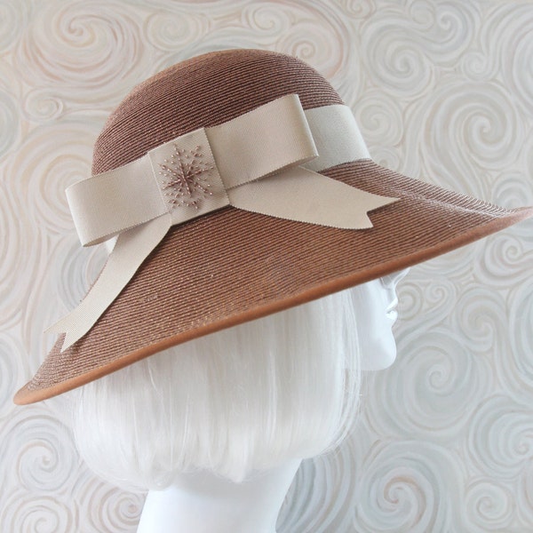 Bronze Straw Sun Hat - Summer Women's Hat - Metallic Millinery, Ladies' Accessories, Wide Brim Cream and Brown Hat, Bead Embroidered Fedora