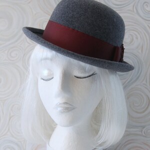 Gray Bowler. Wool Felt Hat w/ Cranberry Ribbon, Beads. Tilt Hat. Perching Ladies' Felted Derby. Grey Hat. OOAK Millinery. Extra Small Hat. image 2