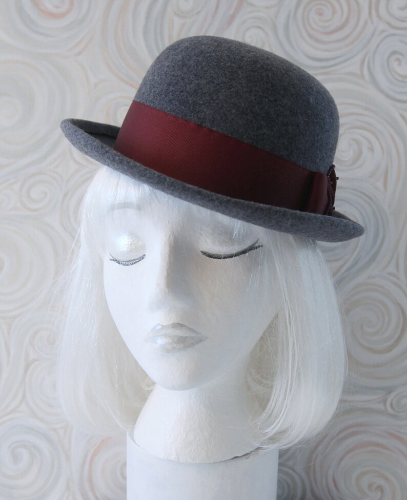 Gray Bowler. Wool Felt Hat w/ Cranberry Ribbon, Beads. Tilt Hat. Perching Ladies' Felted Derby. Grey Hat. OOAK Millinery. Extra Small Hat. image 2