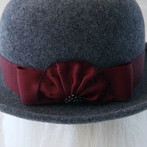 Gray Bowler. Wool Felt Hat w/ Cranberry Ribbon, Beads. Tilt Hat. Perching Ladies' Felted Derby. Grey Hat. OOAK Millinery. Extra Small Hat. image 3