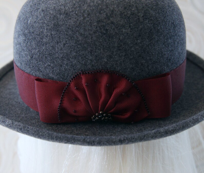 Gray Bowler. Wool Felt Hat w/ Cranberry Ribbon, Beads. Tilt Hat. Perching Ladies' Felted Derby. Grey Hat. OOAK Millinery. Extra Small Hat. image 3