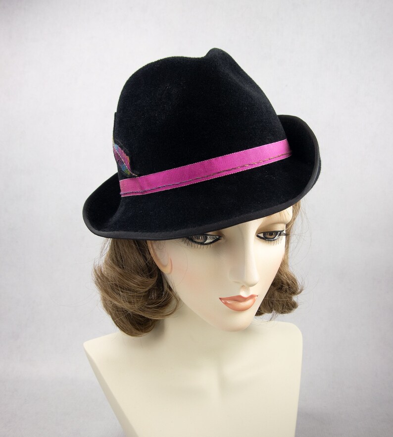 Women's Fedora With Embroidered Feather. Black Velour Fur Felt Hat