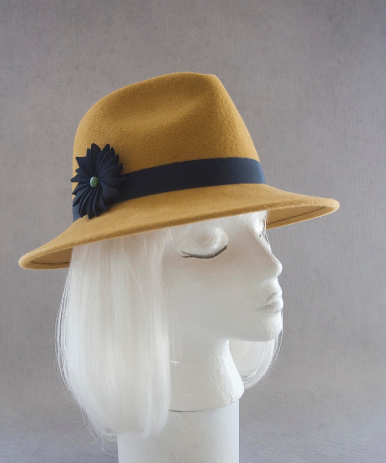 Mustard Yellow Fedora. Women's Hat W/ Navy Blue Ribbon Etsy