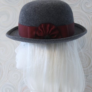 Gray Bowler. Wool Felt Hat w/ Cranberry Ribbon, Beads. Tilt Hat. Perching Ladies' Felted Derby. Grey Hat. OOAK Millinery. Extra Small Hat. image 4