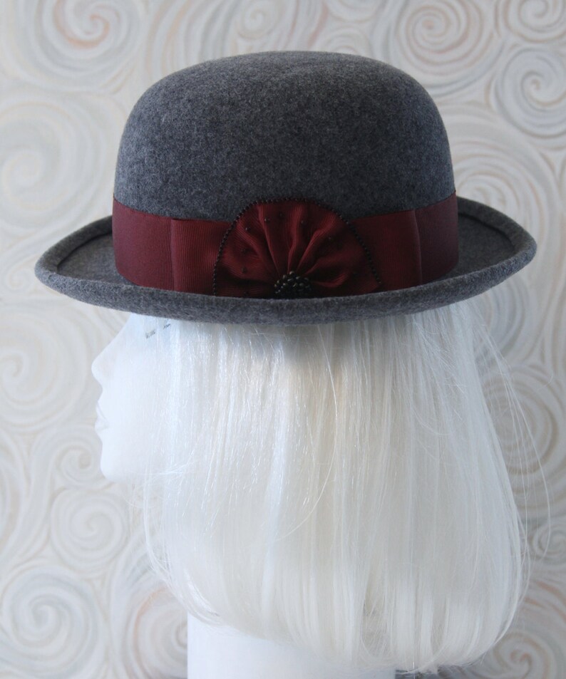 Gray Bowler. Wool Felt Hat w/ Cranberry Ribbon, Beads. Tilt Hat. Perching Ladies' Felted Derby. Grey Hat. OOAK Millinery. Extra Small Hat. image 4