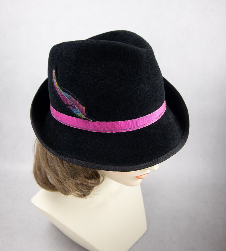 Women's Fedora With Embroidered Feather. Black Velour Fur Felt Hat