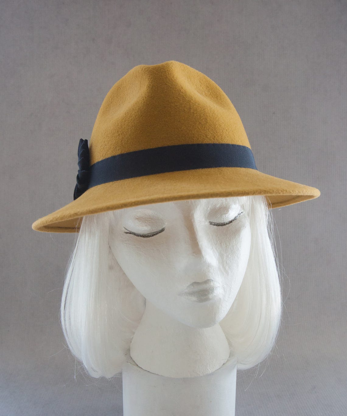 Mustard Yellow Fedora. Women's Hat W/ Navy Blue Ribbon Etsy