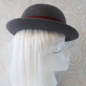 Gray Bowler. Wool Felt Hat w/ Cranberry Ribbon, Beads. Tilt Hat. Perching Ladies' Felted Derby. Grey Hat. OOAK Millinery. Extra Small Hat. image 5