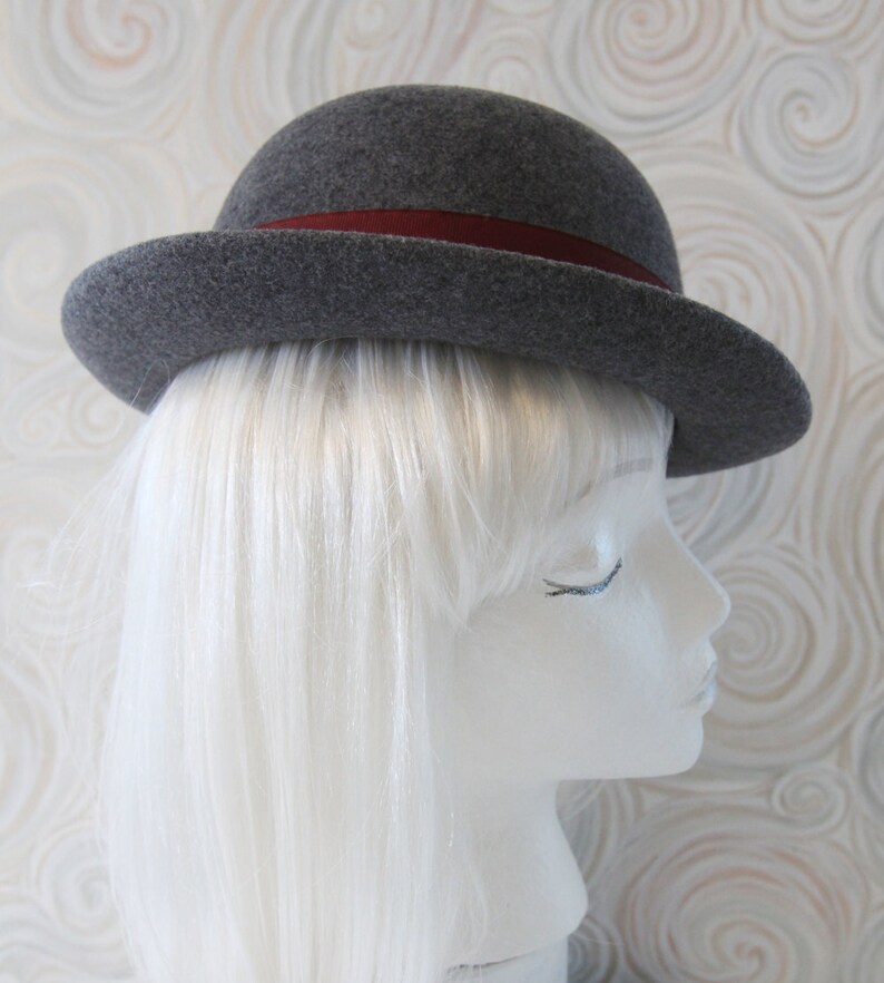 Gray Bowler. Wool Felt Hat w/ Cranberry Ribbon, Beads. Tilt Hat. Perching Ladies' Felted Derby. Grey Hat. OOAK Millinery. Extra Small Hat. image 5