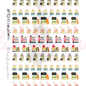 May include: A sheet of colorful stickers featuring stacks of books with various themes, including a red apple, a vase of flowers, a rocket, and a clock. The stickers are perfect for planners, journals, and other creative projects.