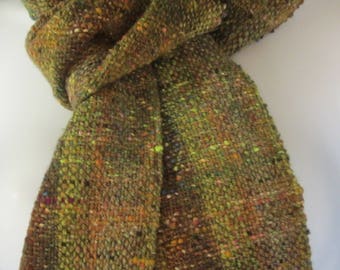 Beneath the Canopy - handwoven wool scarf in browns and greens with hints of many other colors