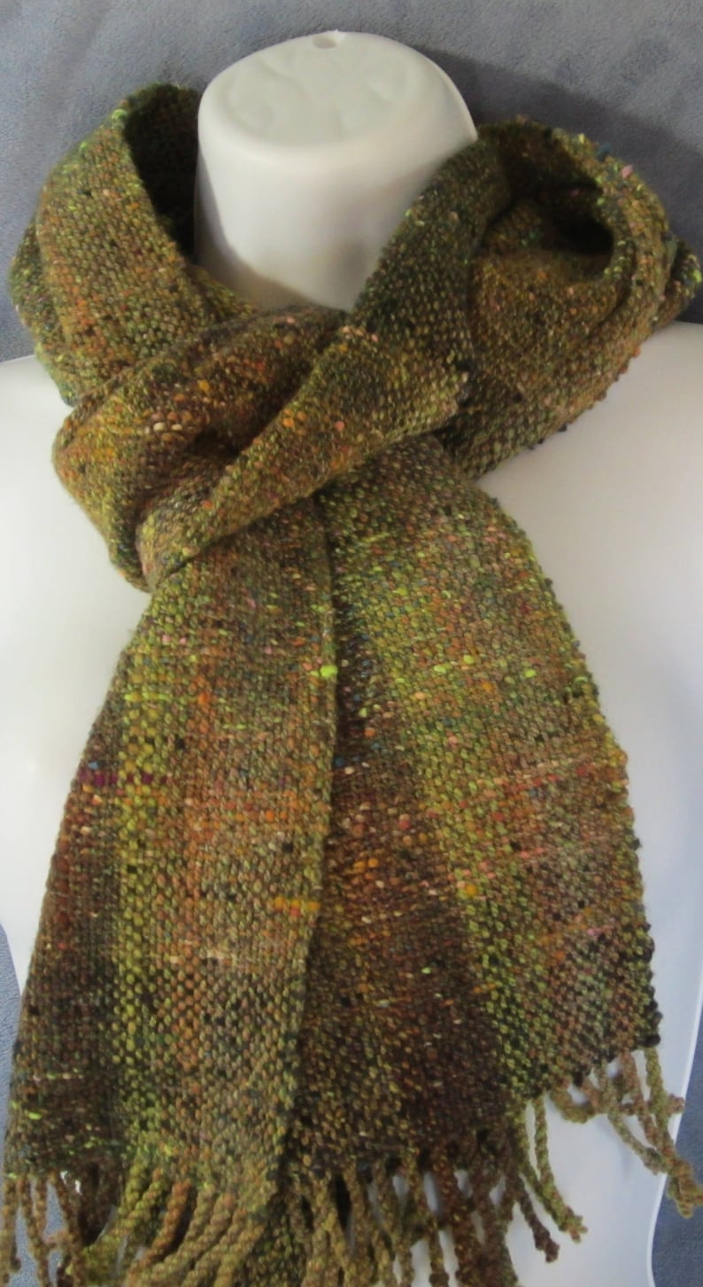 Beneath the Canopy handwoven wool scarf in browns and greens with hints of many other colors Bild 1