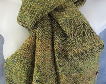 Debris - handwoven wool scarf in greens and browns with hints of many other colors