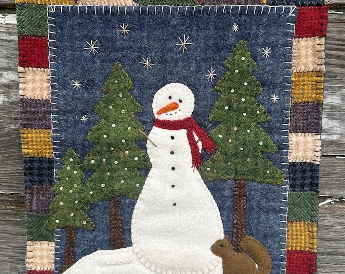 Patchwork Percy - Wool Applique Kit, 10x14 Inch Snowman Squirrel Wall Hanging