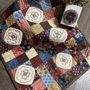 Può includere: Una trapunta patchwork fatta a mano con un design floreale. La trapunta presenta quadrati di vari colori e motivi, tra cui blu, rosso e beige. Ogni quadrato è cucito meticolosamente, con motivi floreali ricamati. Un piccolo oggetto rotondo a motivi floreali poggia su una scatola bianca.
