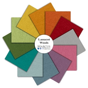 May include: A color chart of 12 different wool fabric swatches in a circular arrangement. The swatches are in various shades of green, blue, red, orange, yellow, and purple. The chart is labeled "Lanacot Wools" and "MARCUS Fabrics."