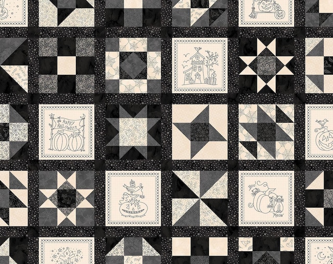 Spooky Stitches Panel: Halloween Quilt Blocks, Black and Cream Fabric