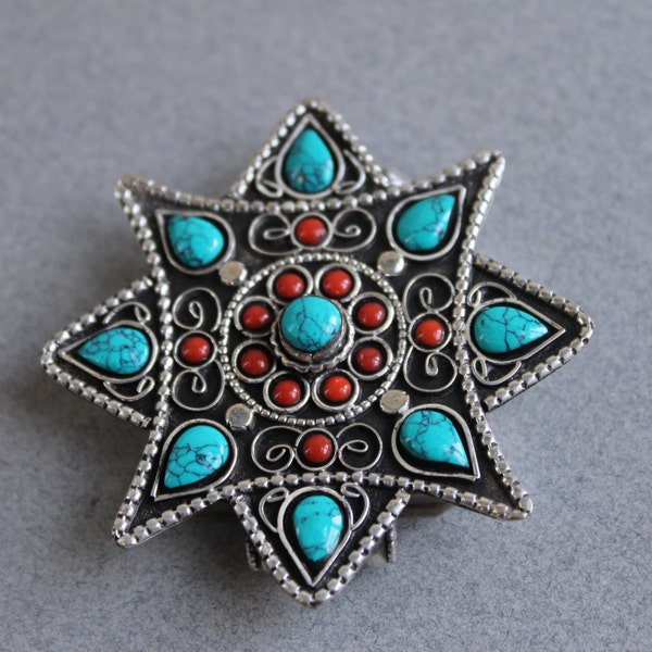Metal, Turquoise and Coral Tibetan Pendant