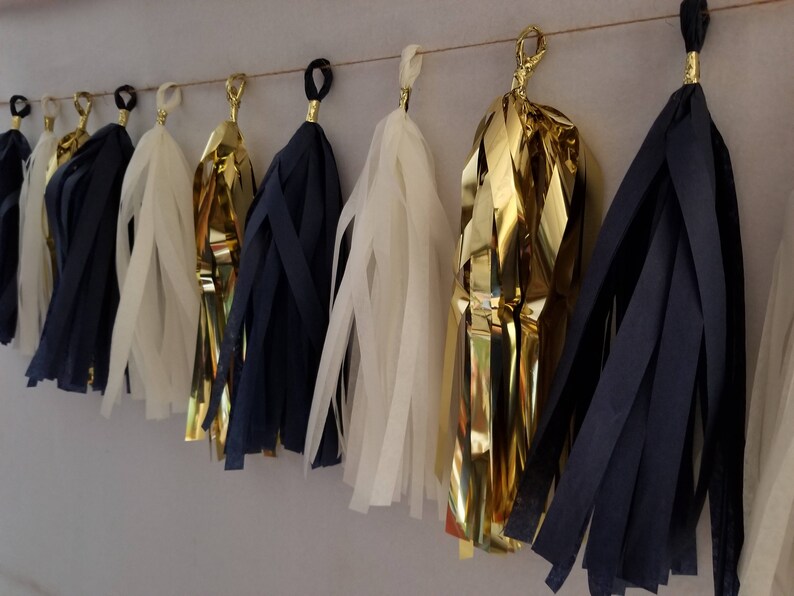 20 Tassel Tissue Paper Garland Navy Blue White Metallic Gold Etsy
