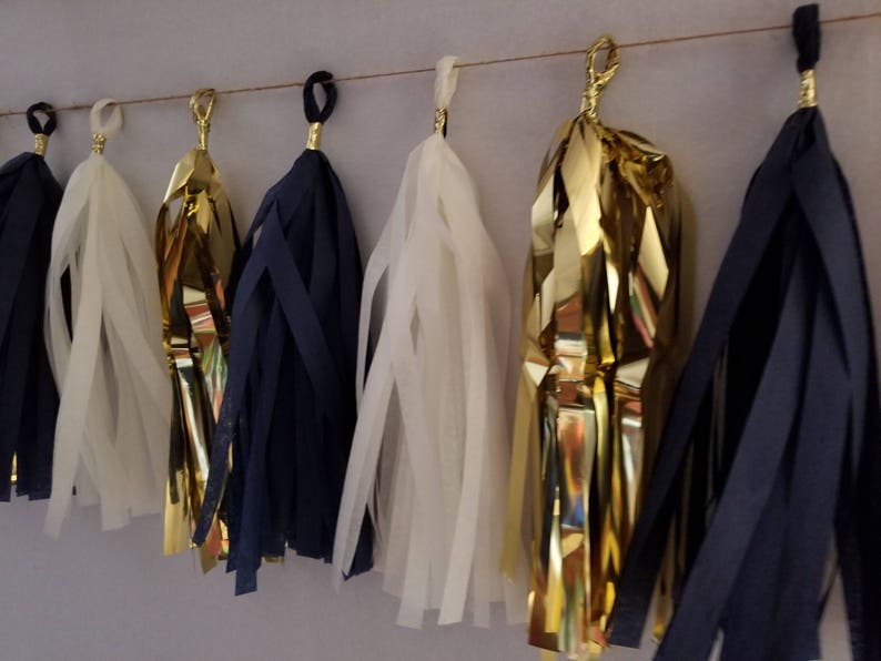 20 Tassel Tissue Paper Garland Navy Blue White Metallic Gold Etsy