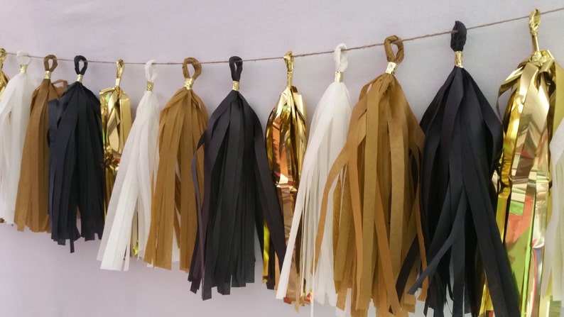 New Year's Eve Black and Gold 20 Tassel Tissue Paper Garland, Gold Party Decorations, Tissue Tassels, Wedding Decorations, New Years Eve 