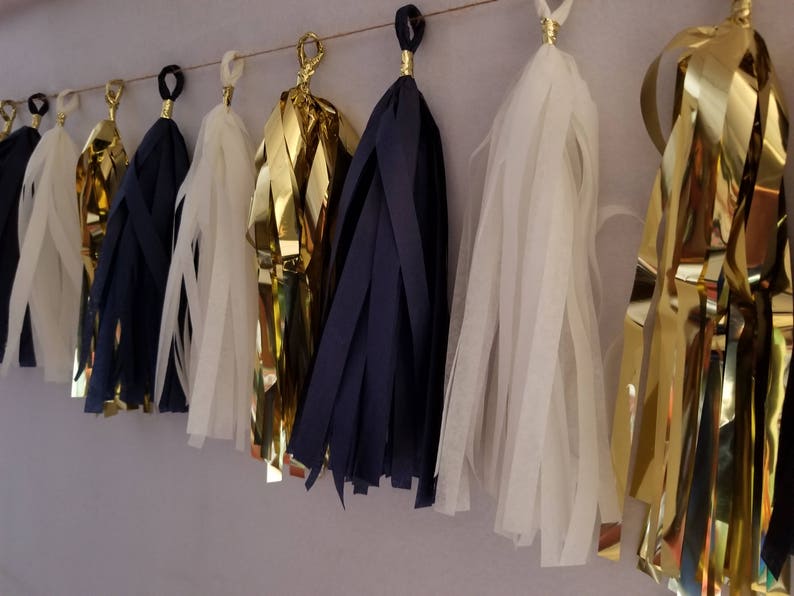 20 Tassel Tissue Paper Garland Navy Blue White Metallic Gold Etsy