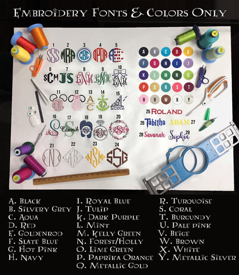 Pu&ograve; includere: Un grafico con opzioni di font e colore per il ricamo. Il grafico mostra 29 font di ricamo diversi, ciascuno etichettato con un numero e una lettera. &Egrave; inclusa anche una chiave di colore con 26 colori diversi e le loro lettere corrispondenti. Il grafico &egrave; circondato da bobine di filo da ricamo in vari colori.