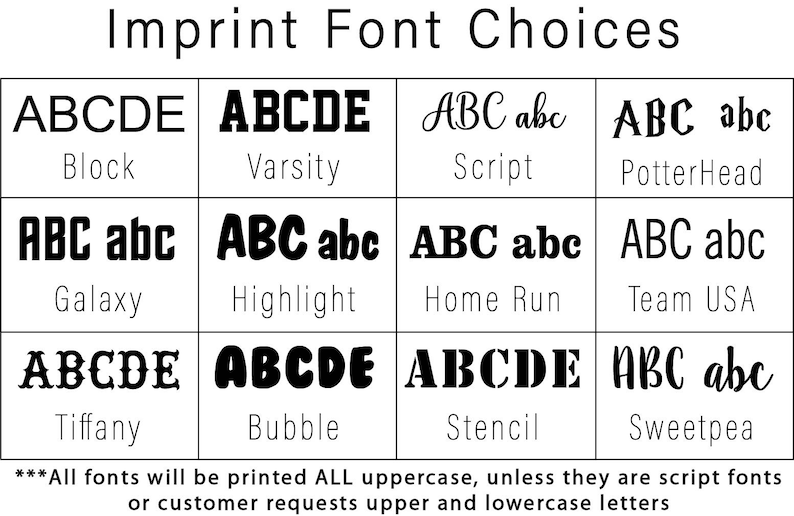 Pu&ograve; includere: Un grafico che mostra diverse scelte di font per l'impressione di testo. I font sono mostrati in testo nero su sfondo bianco. I font includono Block, Varsity, Script, PotterHead, Galaxy, Highlight, Home Run, Team USA, Tiffany, Bubble, Stencil e Sweetpea. Il testo in fondo al grafico recita: "***Tutti i font saranno stampati in MAIUSCOLO, a meno che non siano font di scrittura o il cliente richieda lettere maiuscole e minuscole."