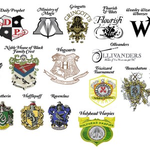 Pu&ograve; includere: Un collage di loghi e stemmi dell'universo di Harry Potter, tra cui Hogwarts, Gringotts, Ollivanders, il Profeta Quotidiano e il Ministero della Magia.