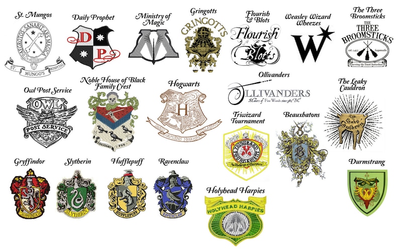Pu&ograve; includere: Un collage di loghi e stemmi dell'universo di Harry Potter, tra cui Hogwarts, Gringotts, Ollivanders, il Profeta Quotidiano e il Ministero della Magia.