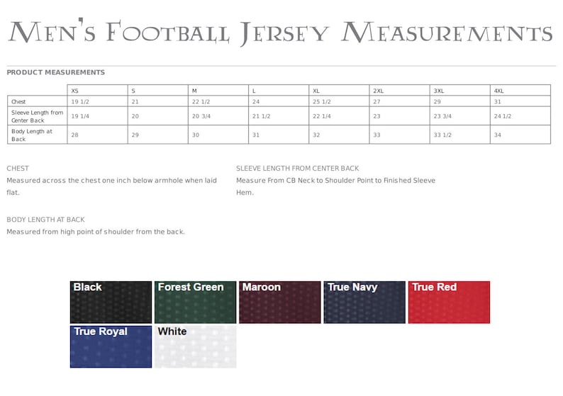 Pu&ograve; includere: Una tabella che mostra le misure delle maglie da calcio per uomo in pollici per le taglie XS a 4XL. La tabella include le misure per il petto, la lunghezza della manica dal centro della schiena e la lunghezza del corpo sulla schiena. La tabella include anche una descrizione di come misurare ogni dimensione.