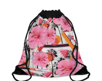 Sunset Pink Hibiscus Flowers - Drawstring Gym Bag, Floral Beach Tropicals & Palm Trees Surf Boho Chic Drawcord Travel Carrier, 19.5x15.5in