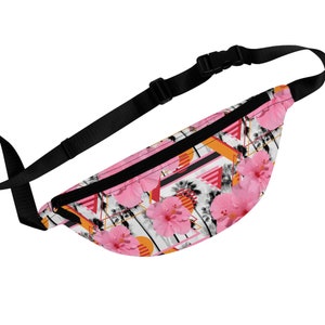 Sunset Pink Hibiscus Flowers - Fanny Pack, Floral Beach Surf Boho Tropical Gray Palm Trees Memphis Pattern Accessory Sling 14.5&quot;x6&quot; Carrier