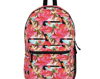 Sunset Pink Plumeria Flowers - Backpack, Pink & Orange Floral Beach Surf Style Boho Chic Memphis Design Travel School Overnight Carrier Bag