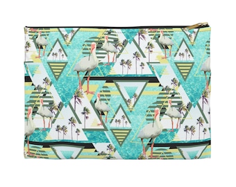 Summer White Ibis - Carry-All Pouch, Light Blue Tropical Water Palms Style Small & Large Zip Clutch Carrying Bag in Basic or T-Bottom Option