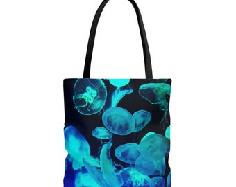 Blue Moon Jellyfish - Tote Bag, Black Beach Surf Fashion Accessory, Boho Chic Market Shopping Towel Bag in Basic and Adjustable Strap Option