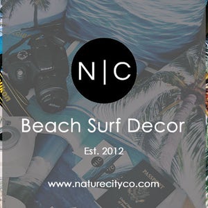 May include: A close-up of a logo for a business called "NIC Beach Surf Decor" established in 2012. The logo is a black circle with the letters "NIC" in white. The logo is surrounded by a variety of beach-themed items, including a camera, a passport, and a palm tree print.