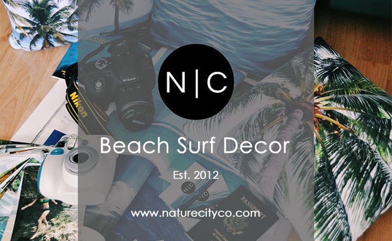 May include: A close-up of a logo for a business called "NIC Beach Surf Decor" established in 2012. The logo is a black circle with the letters "NIC" in white. The logo is surrounded by a variety of beach-themed items, including a camera, a passport, and a palm tree print.
