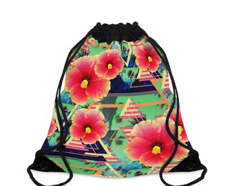 Pink Grapefruit Hibiscus Flowers - Drawstring Gym Bag, Rainbow Florals Beach Tropicals Surf Boho Chic Drawcord Travel Carrier, 19.5x15.5in
