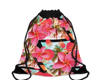 Sunset Pink Plumeria Flowers - Drawstring Gym Bag, Floral Frangipanis Beach Tropical Surf Boho Chic Drawcord Travel Carrier, 19.5x15.5in