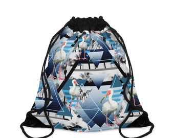 White Ibis and Coast - Drawstring Gym Bag, Nautical Blue Beach Surf Boho Chic Seabirds & Palms Drawcord Style Travel Carrier, 19.5x15.5in