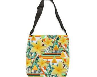 Sunshine Yellow Plumeria Flowers - Tote Bag, Tropical Green Palm Trees Floral Beach Surf Boho Chic Memphis Pattern Market Shopping Accessory